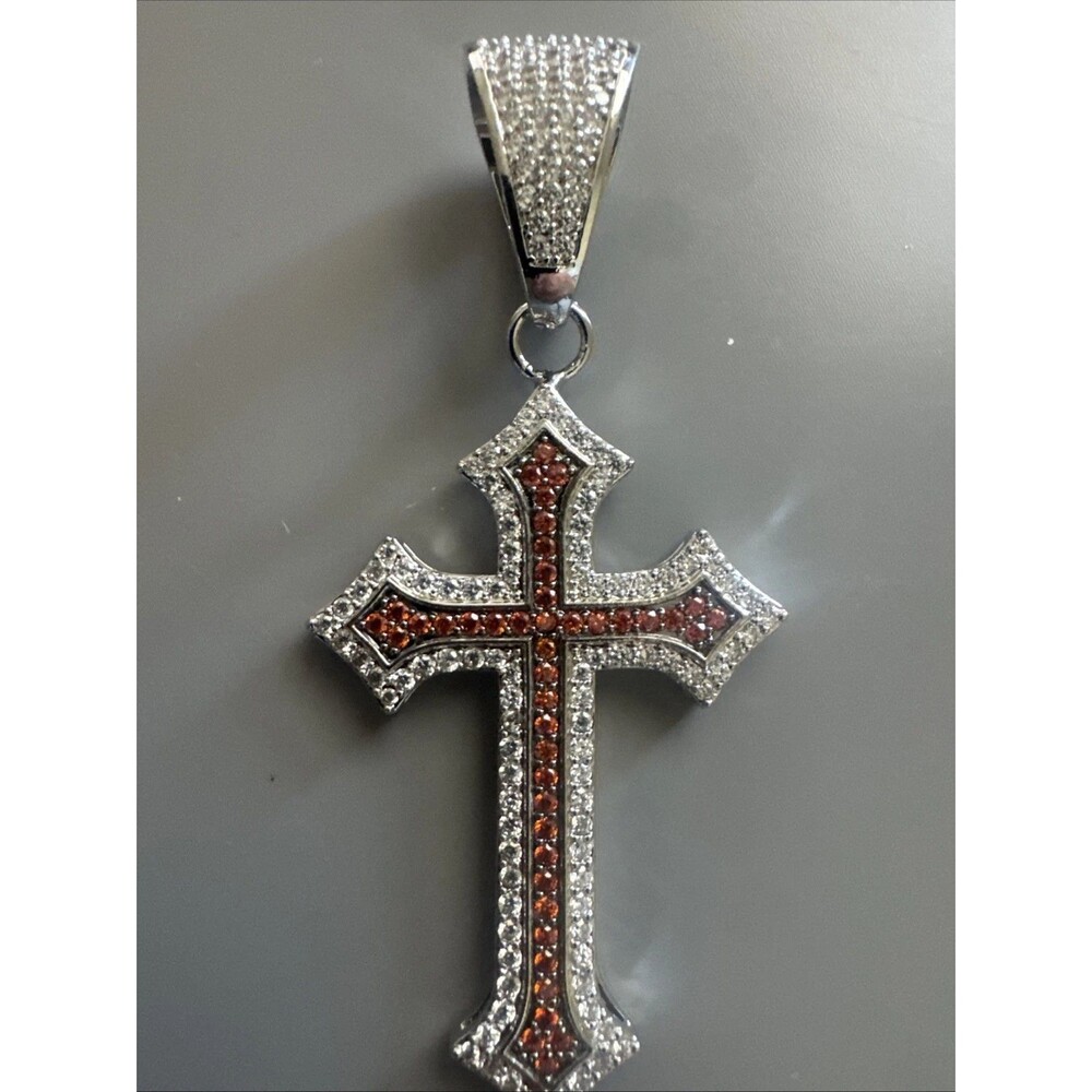 Silver Plated Red Cubic Zirconia Cross Pendant 24” Necklace Unisex Hip Hop